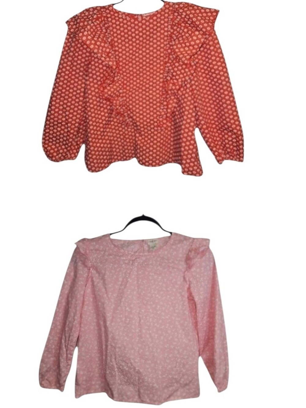 Lot of 2 Tops Crewcuts J. Crew Red & Pink Ruffle Blouse Long Sleeve Girls Large
